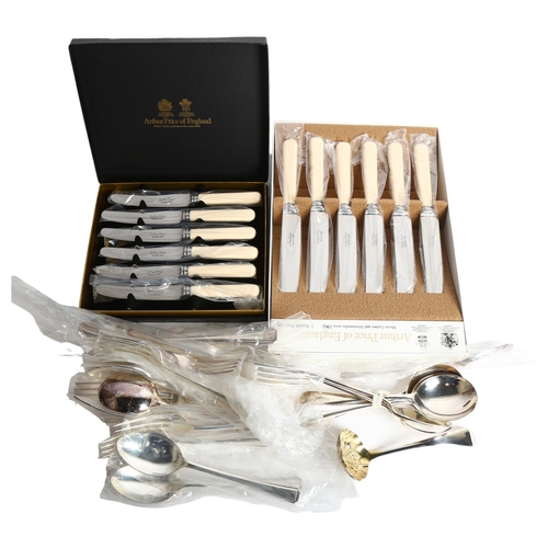 1112 - 2 boxes of Arthur Price cutlery, tea knives and dinner knives, and a quantity of loose plated forks ... 