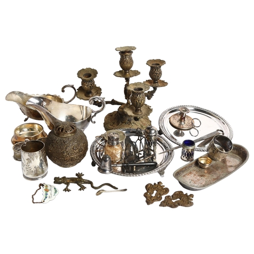 1119 - A group of various items, including a 925 silver candle and snuffer, a silver-topped scent bottle, a... 