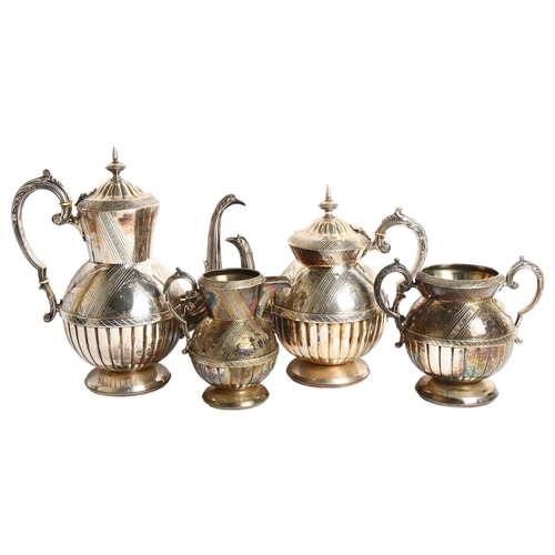 1120 - A Chinese engraved silver plate 4-piece tea and coffee service, including teapot and coffee jug