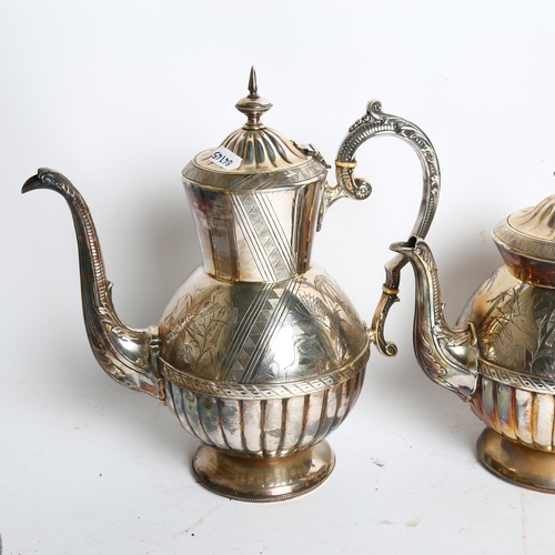 1120 - A Chinese engraved silver plate 4-piece tea and coffee service, including teapot and coffee jug