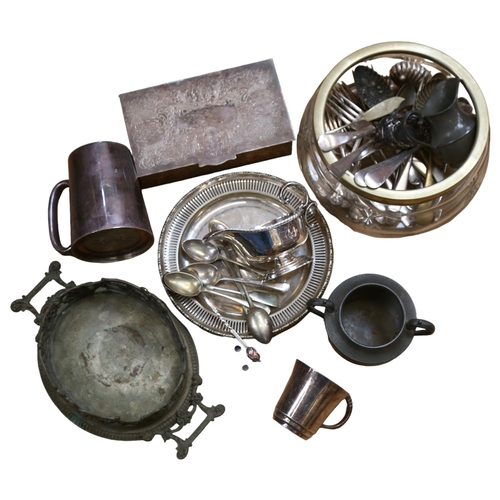 1124 - A quantity of silver plated items, including a tankard, cutlery, sauce pots etc