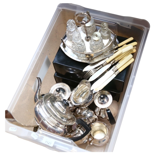 1127 - A quantity of silver plated items, to include 2 part tea and coffee sets, various sauce dishes, a co... 