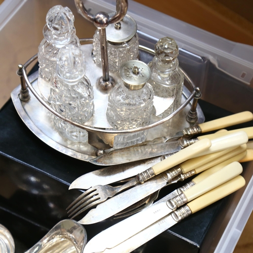 1127 - A quantity of silver plated items, to include 2 part tea and coffee sets, various sauce dishes, a co... 