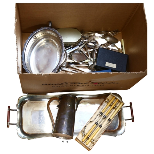 1128 - A quantity of silver plate items, including a coffee jug, serving tray, various cutlery etc