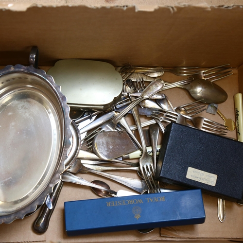 1128 - A quantity of silver plate items, including a coffee jug, serving tray, various cutlery etc