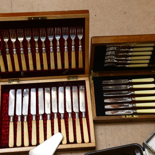 1131 - 4 cased sets of silver plate cutlery, and several loose plated items, including a soup ladle etc