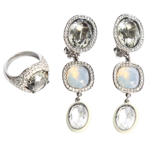 1159 - SWAROVSKI - a crystal set dress ring, and a pair of graduated crystal set clip-on pendant earrings