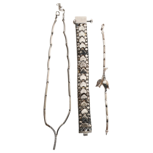 1168 - An articulated silver bracelet, a silver stone set bracelet and similar necklace (3)