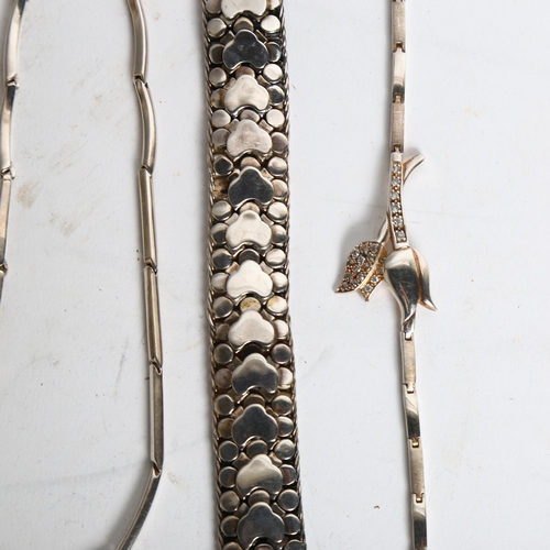 1168 - An articulated silver bracelet, a silver stone set bracelet and similar necklace (3)