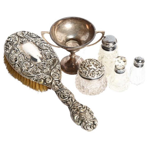 1177 - A group of various silver items, including an Art Nouveau dressing table brush, 4 various scent bott... 