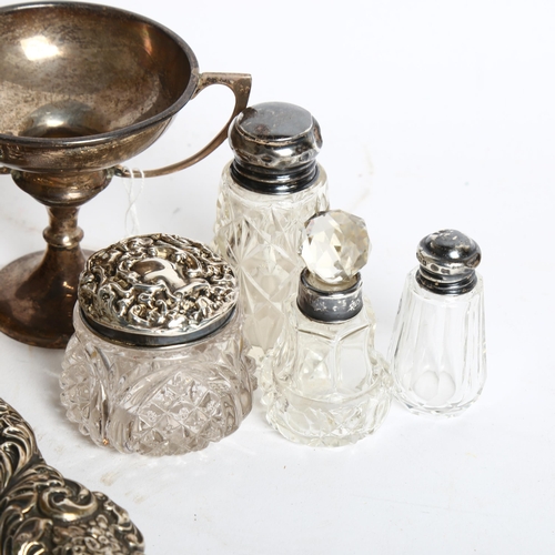 1177 - A group of various silver items, including an Art Nouveau dressing table brush, 4 various scent bott... 