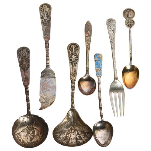 1187 - 5 Chinese silver spoons and knives, an English silver hallmarked fork etc