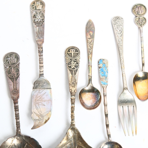 1187 - 5 Chinese silver spoons and knives, an English silver hallmarked fork etc