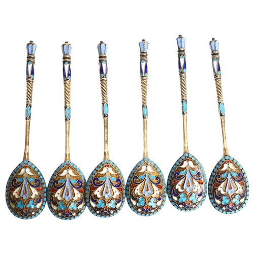 1188 - A set of 6 Russian silver-gilt and champleve teaspoons