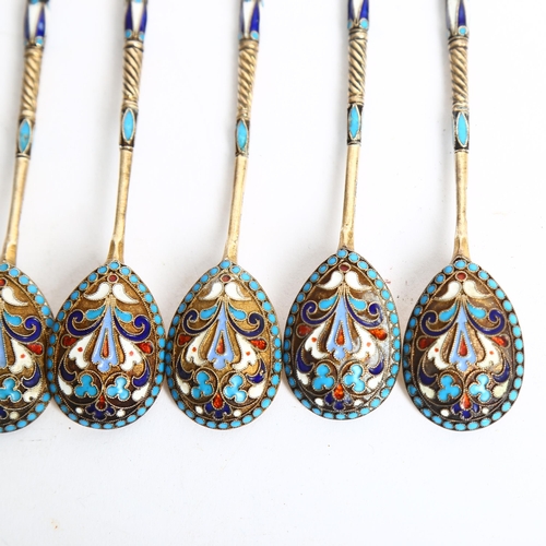 1188 - A set of 6 Russian silver-gilt and champleve teaspoons