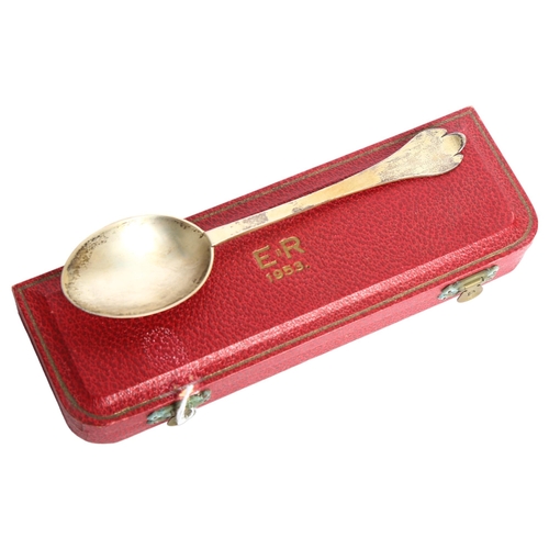 1189 - An Elizabeth II silver trefid presentation spoon, cased, hallmarks for London 1953