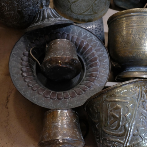 690 - Eastern engraved brass jardiniere with animal designs, and 3 others, copper pot, engraved copper mug... 