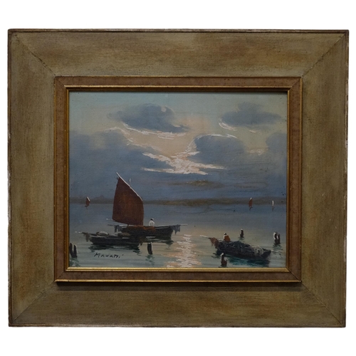 694 - Akati?, oil on canvas, fishing boats, 40cm x 37cm overall, framed