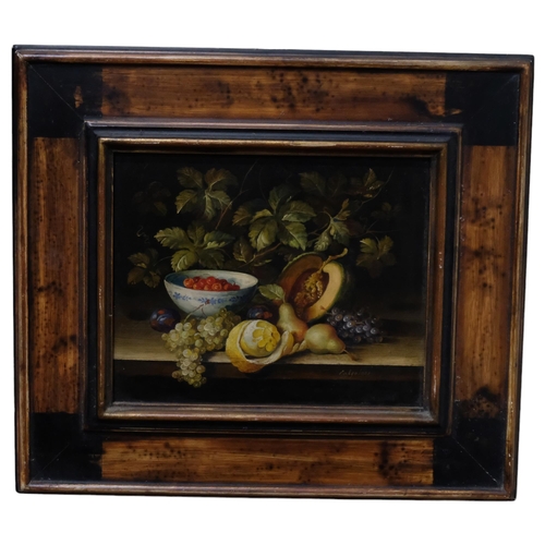 695 - Oil on tin panel, still life flowers and fruit, 40cm x 35cm ovearall