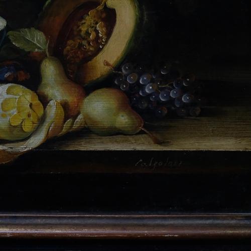 695 - Oil on tin panel, still life flowers and fruit, 40cm x 35cm ovearall