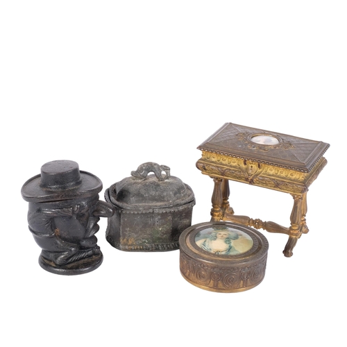 771 - A lead casket, a cast-iron novelty tobacco jar, H13.5cm, a French jewel casket on stand, and similar... 