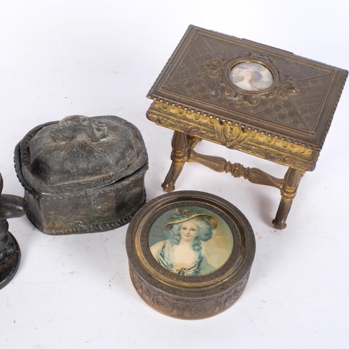 771 - A lead casket, a cast-iron novelty tobacco jar, H13.5cm, a French jewel casket on stand, and similar... 