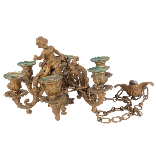 772 - WITHDRAWN Antique ornate cast gilt-metal 6-branch chandelier, with cherub figure (A/F), 35cm across