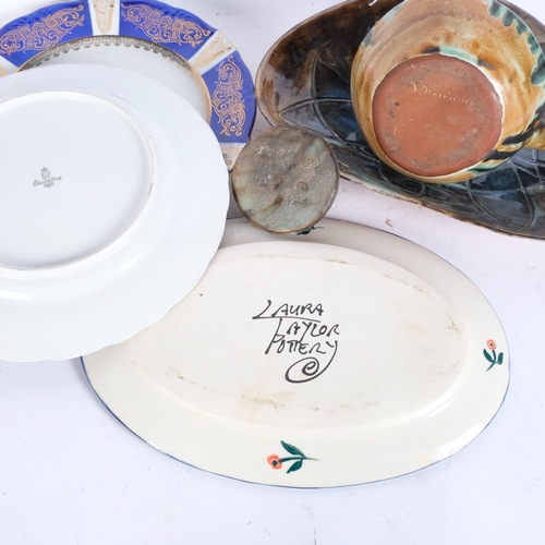 777 - Studio pottery tea kettle and dish, signed J Simmonds, a pair of plates, and a Laura Taylor painted ... 