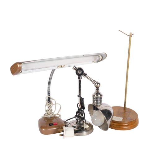 788 - An adjustable polished metal desk lamp, a flexible stem desk lamp with florescent bulb, and a stand,... 