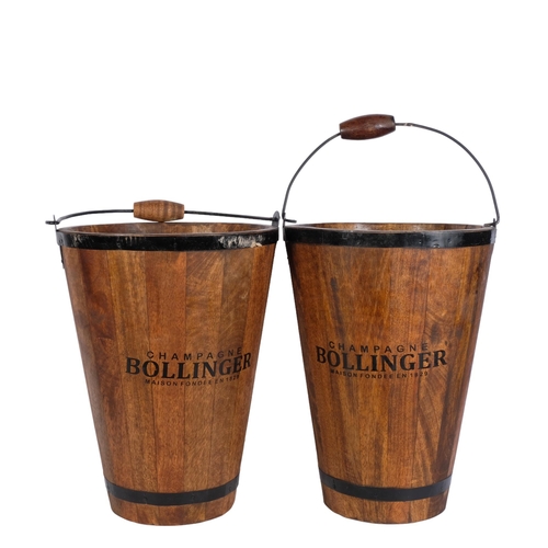 790 - A pair of metal-bound wooden buckets, inscribed Bollinger Champagne, with swing handle, H39.5cm