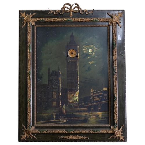 801 - An Antique musical Big Ben clock picture, 65cm x 55cm overall, with ormolu mounts (A/F)