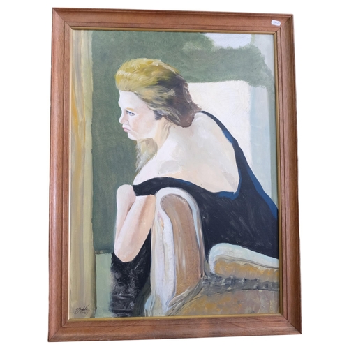 804 - Clive Fredriksson, oil on canvas, portrait study of a lady on a couch, 84cm x 64cm overall, oak-fram... 