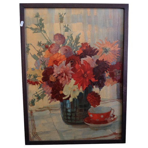 805 - A still life print on board, vase of flowers, 71cm x 53cm overall, framed