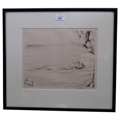 807 - Naked figure at the shore, drypoint etching, indistinctly signed in pencil Margaret C..., image 22cm... 