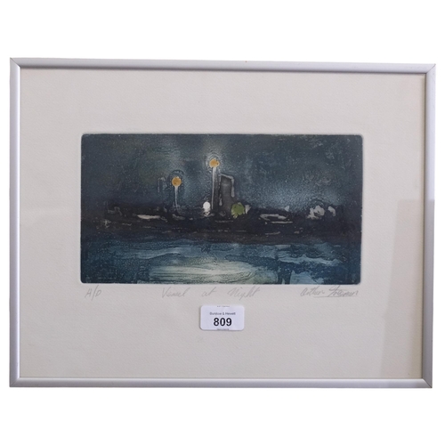 809 - Arthur Freeman, vessel at night, etching, signed in pencil, artist's proof, plate 13cm x 25cm, frame... 