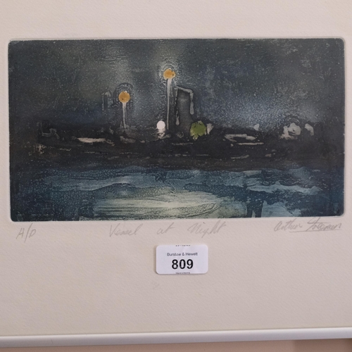 809 - Arthur Freeman, vessel at night, etching, signed in pencil, artist's proof, plate 13cm x 25cm, frame... 