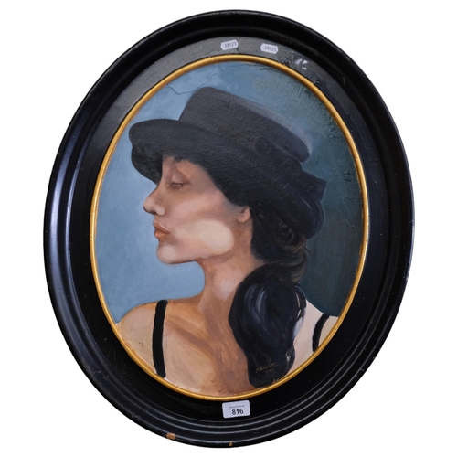 816 - CLIVE FREDRIKSSON - an oil on board, study of a girl in a black hat, oval frame, signed.