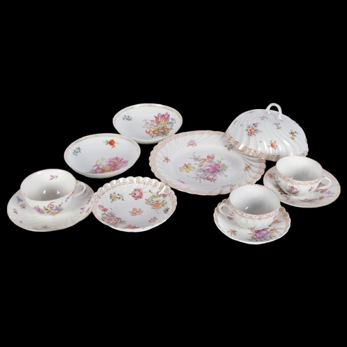 817 - Dresden porcelain muffin dish and cover, and various cups and saucers