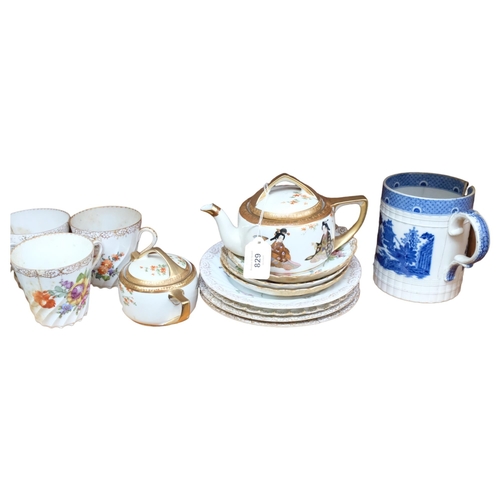 829 - A shelf of various china, including Dresden and Japanese teaware with painted and gilded decoration