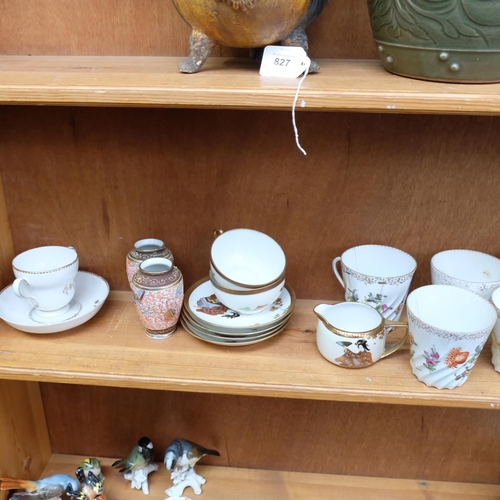 829 - A shelf of various china, including Dresden and Japanese teaware with painted and gilded decoration