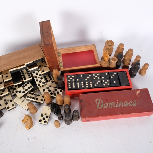 842 - Chessmen, cribbage box, dominos etc