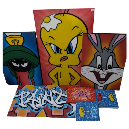 861 - A collection of cartoon and other prints on canvas, including Bugs Bunny. Tweety Pie, and others, et... 