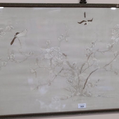 869 - A Chinese silk embroidery, a blossom tree and cranes, 50cm x 90cm overall, framed