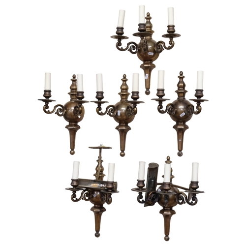 872 - A set of 4 brass 2-branch wall lights, a matching pair of 3-branch wall lights, L40cm, and a pair of... 