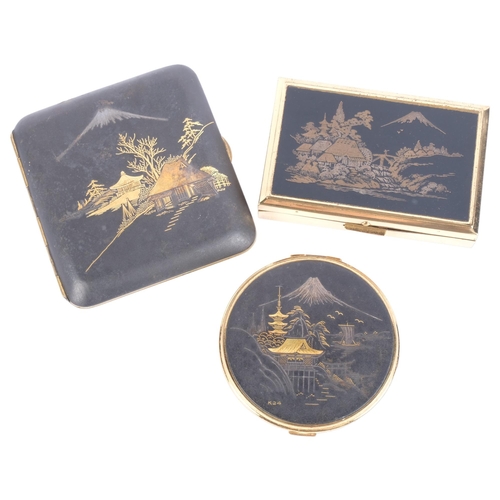 876 - 3 Japanese Komai pieces, including a cigarette case, compact, and a rectangular musical compact, all... 