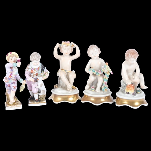 879 - 3 porcelain cherub figures, marked Portugal, H14cm, and 2 similar Augustus Rex figures, 1 marked AR ... 