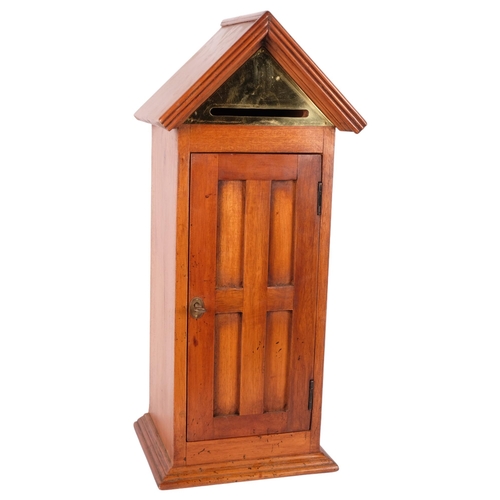 663 - A hardwood porch design mailbox with brass mount, H56cm