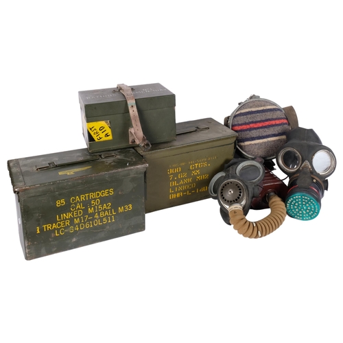 665 - 2 metal ammo boxes, and ration box, 2 Second World War gas masks, and a flask