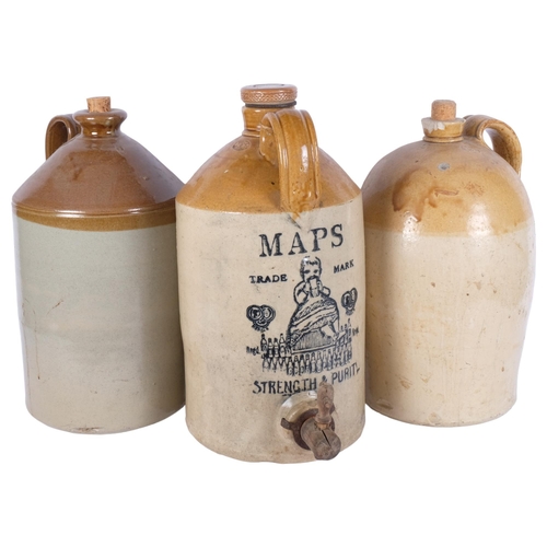 671 - A Price's Maps stoneware jar and cover with tap, H41cm, and two additional stoneware flagons