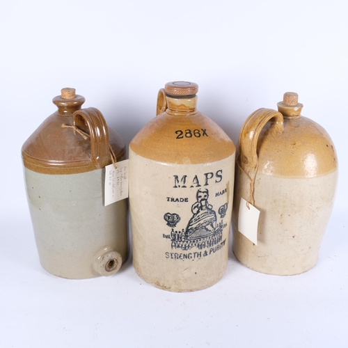 671 - A Price's Maps stoneware jar and cover with tap, H41cm, and two additional stoneware flagons